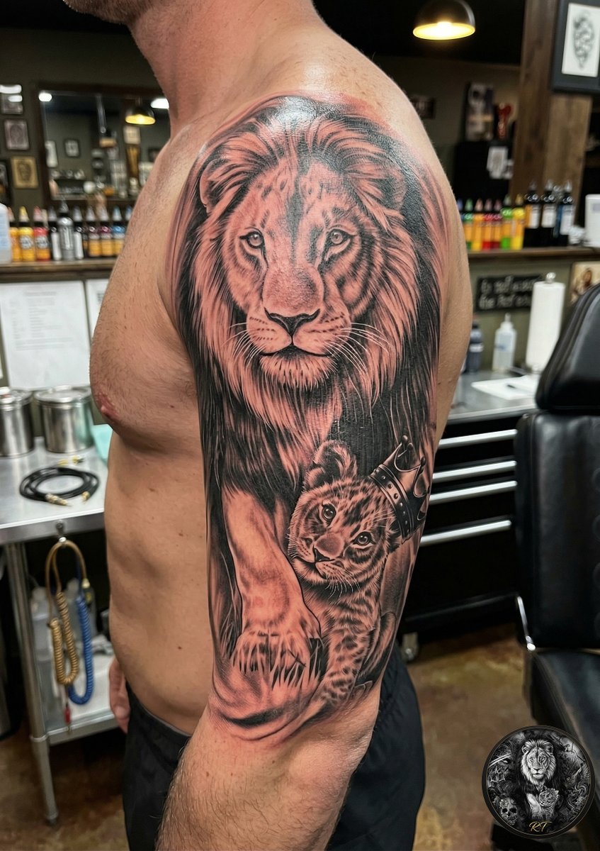 TatStudio_Rish1's tweet photo. Lion &amp; Cub (Strength &amp; Legacy) 🦁
#LionTattoo #RealismTattoo #FamilyTattoo #SleeveTattoo #BlackAndGrey #TattooEurope #UKTattoo #GermanyTattoo #FranceTattoo #TattooArtist #CustomTattoo #TattooArt https://t.co/sqsaRrwxnj