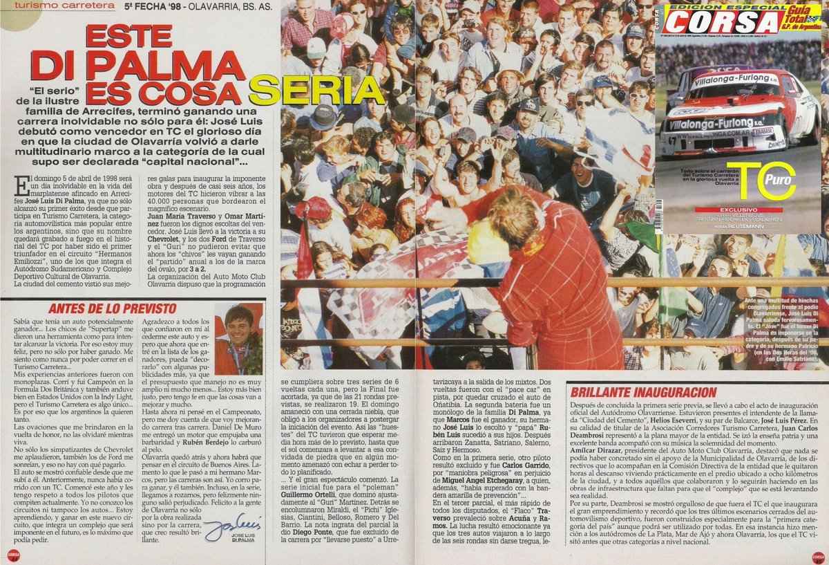 PatoG82's tweet photo. 5 de Abril de 1998, se inauguraba el autódromo Sudamericano de Olavarría con carrera del TC 🏁
Series ganadas por Guillermo Ortelli, Marcos Di Palma y Juan M. Traverso.
La final a 19 giros al circuito era para Luis José Di Palma (Chevy)(R/V) a 143.97 kph de promedio ⏱️
📓 Corsa https://t.co/DnSPSCvB1O