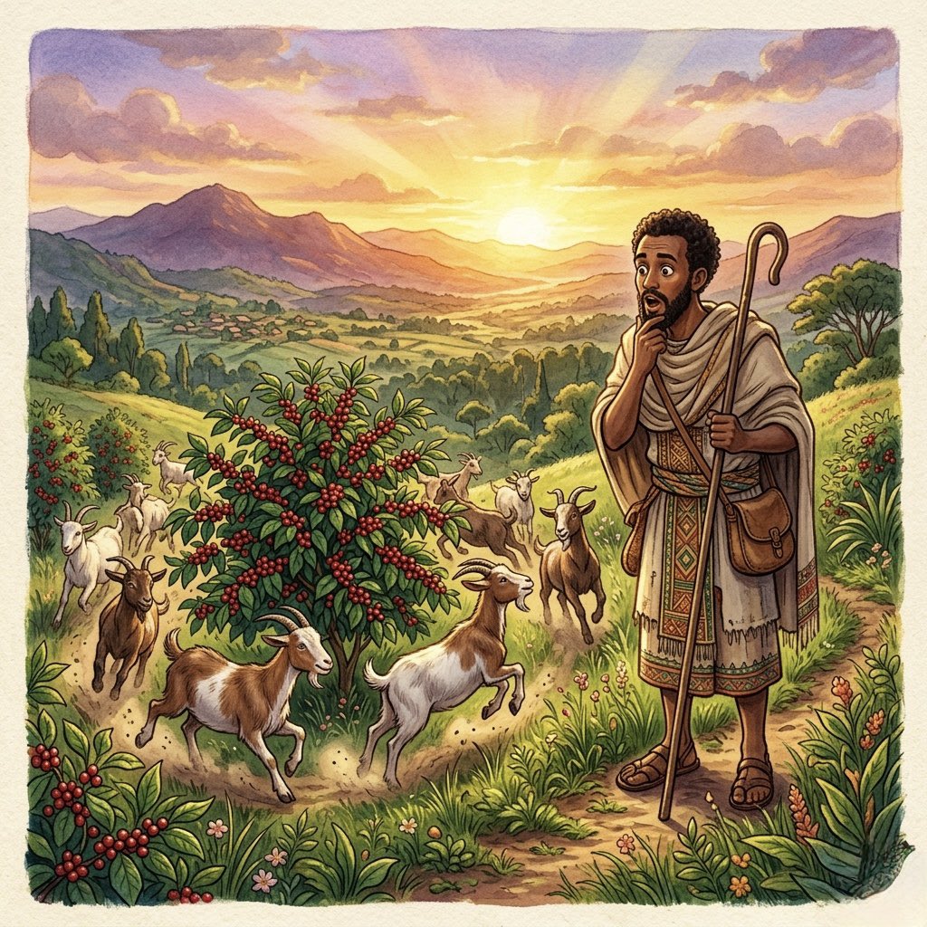 🐐 ¿Sabías que el café fue descubierto por un pastor de cabras en Etiopía en el siglo IX?
Kaldi vio a sus cabras hiperactivas después de comer unas bayas rojas… las probó y ¡boom! Se sintió lleno de energía.
Así nació la bebida que hoy mueve al mundo.