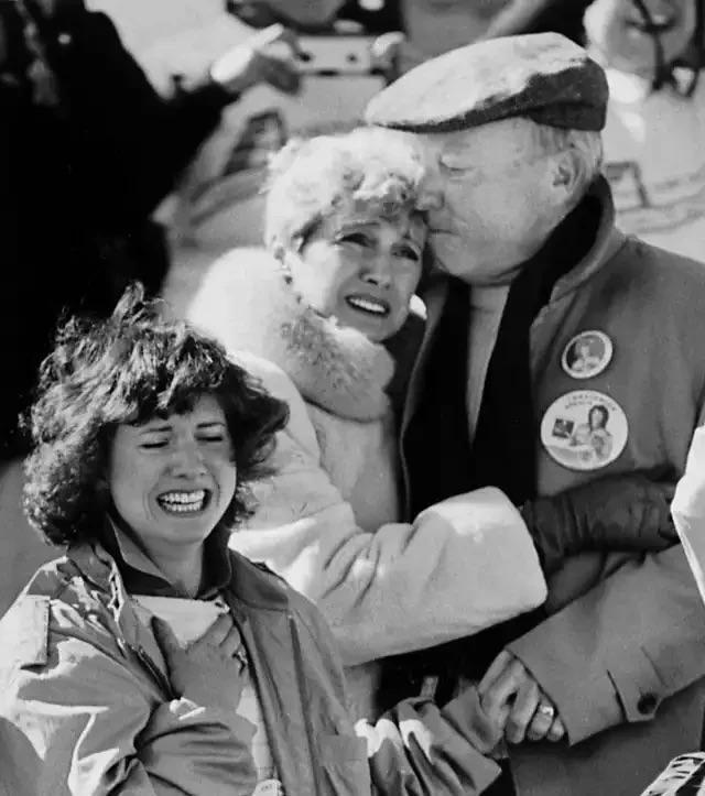 Parents and sister of Christa Macauliffe watching the space shuttle Challenger explode at the Kennedy Space Center, January, 1986.