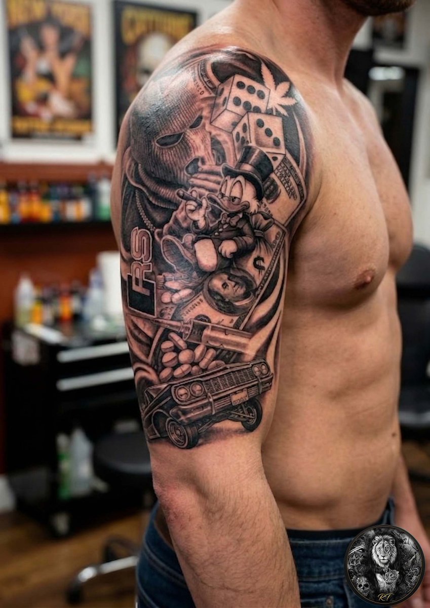 TatStudio_Rish1's tweet photo. Money &amp; Mask Sleeve 🎭
#RealisticTattoo #ConceptTattoo #MoneyTattoo #BlackAndGreyTattoo #SleeveTattoo #EuropeTattoo #UKTattoo #GermanyTattoo #FranceTattoo #ItalyTattoo #TattooDesign #CustomTattoo #TattooArtist #TattooArt #TattooInspiration #FullSleeveTattoo  #ChicanoTattoo https://t.co/g1GQSOuHUQ