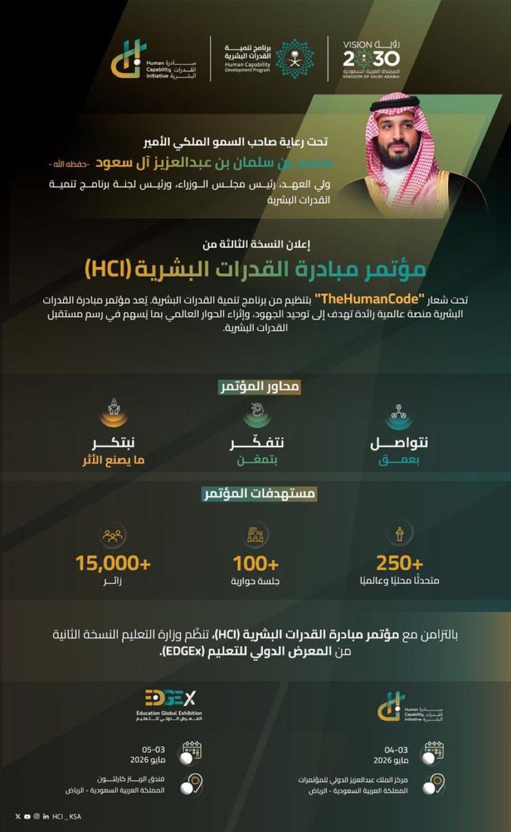 dsa_ksu's tweet photo. تدعو #عمادة_شؤون_الطلاب طلبة ومنسوبي جامعة الملك سعود لحضور مؤتمر #مبادرة_القدرات_البشرية (HCI) في نسخته الثالثة، والذي ينظمه برنامج تنمية القدرات البشرية تحت شعار #TheHumanCode يجمع المؤتمر نخبة من قادة الفكر وصنّاع القرار من مختلف دول العالم، لاستعراض الرؤى وأفضل الاستراتيجيات العالمية التي تسهم في تطوير القدرات البشرية على مستوى العالم. 

التاريخ: 3 – 4 مايو 2026م

للتسجيل:
https://t.co/sZRvuEgjzf
#جامعة_الملك_سعود