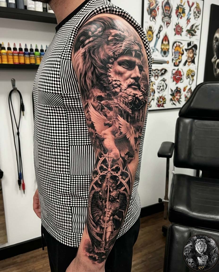TatStudio_Rish1's tweet photo. Mythology Sleeve ⚡
#MythologyTattoo #GreekTattoo #GodTattoo #BlackAndGreyTattoo #SleeveTattoo #EuropeTattoo #UKTattoo #GermanyTattoo #FranceTattoo #ItalyTattoo #TattooDesign #CustomTattoo #TattooArtist #TattooArt #TattooInspiration #FullSleeveTattoo #ZeusTattoo #InkArt https://t.co/eD2nDpwZyE