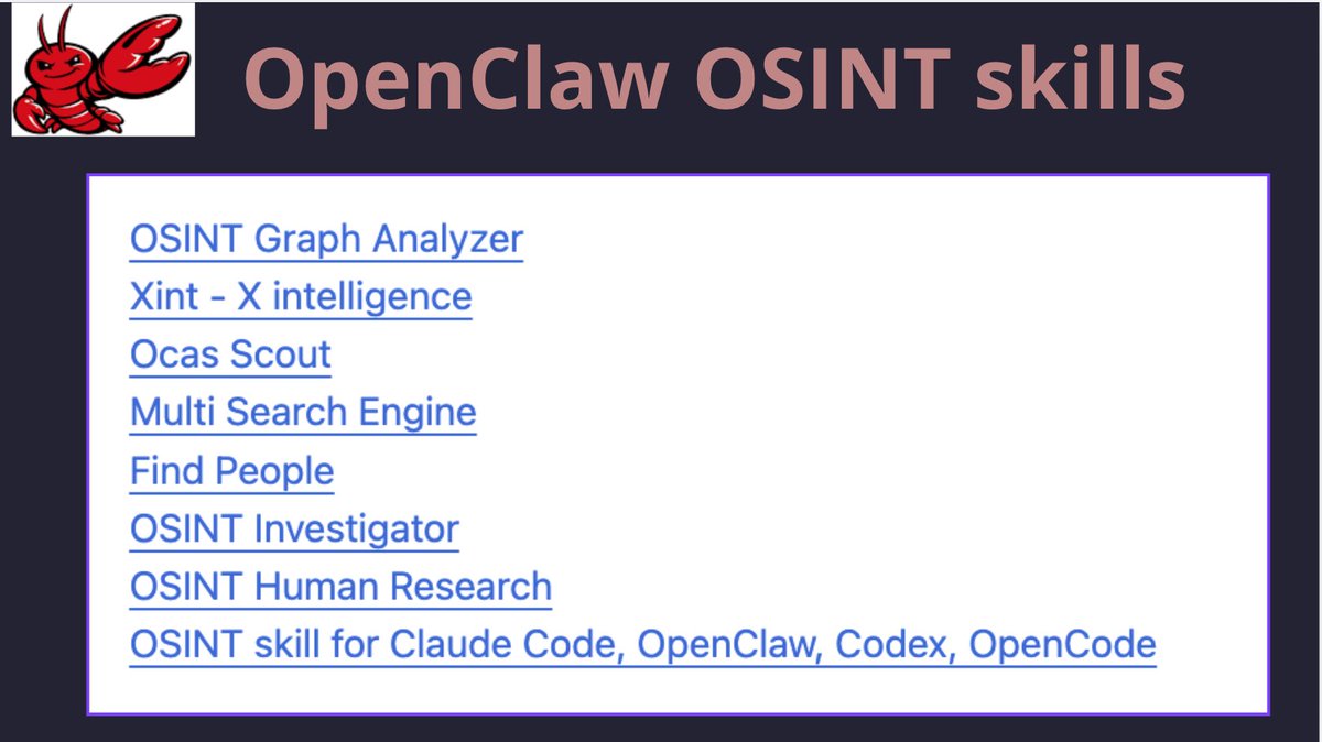 Anastasis_King's tweet photo. OpenClaw OSINT skills

List of OpenClaw AI skills for information gathering and data analyze.

https://t.co/LEYiPnL84a

#osint #ai https://t.co/iPxOeiPHU9