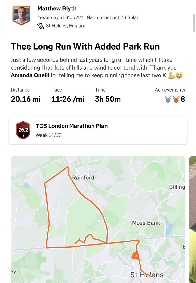 That’s it! The long long run is complete thanks to the help of St Helens parkrun 20 miles / 32km done and actually feel ok today. 

Not long until <a href="/LondonMarathon/">TCS London Marathon</a> which this year I’m running to raise money for <a href="/AnthonyNolan/">Anthony Nolan</a> . Donate via the link below!
2026tcslondonmarathon.enthuse.com/pf/matthew-bly…