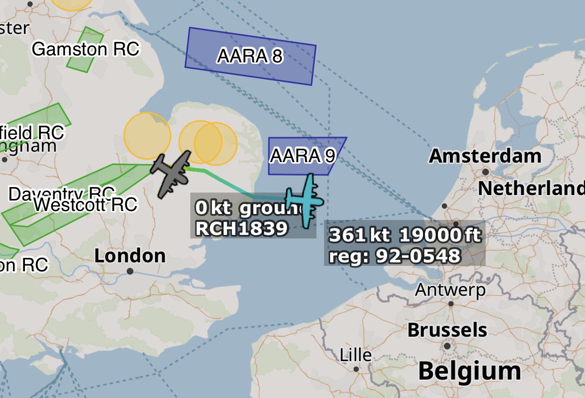 ArmchairAdml's tweet photo. #USAF United States Air Force
Lockheed C-130H Hercules 2x
#ADFE83 92-0548 - REACH 409
#ADFDBE 93-7311 - REACH ???
Two of the four ANG C-130s that arrived at Mildenhall this week with 4-digit REACH callsigns are active this morning.
REACH 409 departed a short while ago, and the second is currently pinging on the ground.
REACH 409 has changed its callsign from when it arrived.