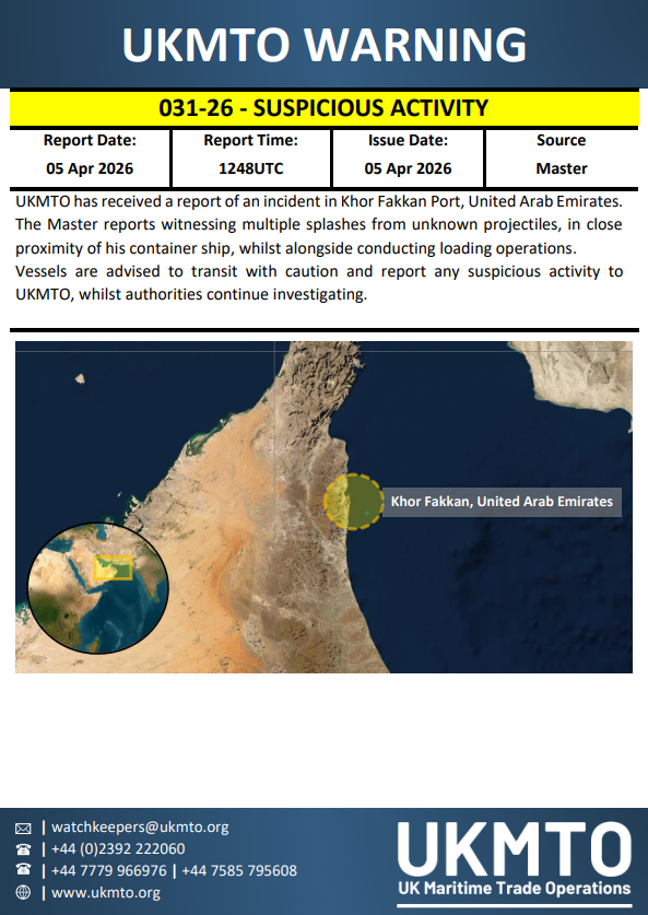 UK_MTO's tweet photo. UKMTO WARNING 031-26

Click here to read the full warning⤵️
https://t.co/iVOiuVFR0L

#MaritimeSecurity #MarSec https://t.co/HZ33yC4DfX