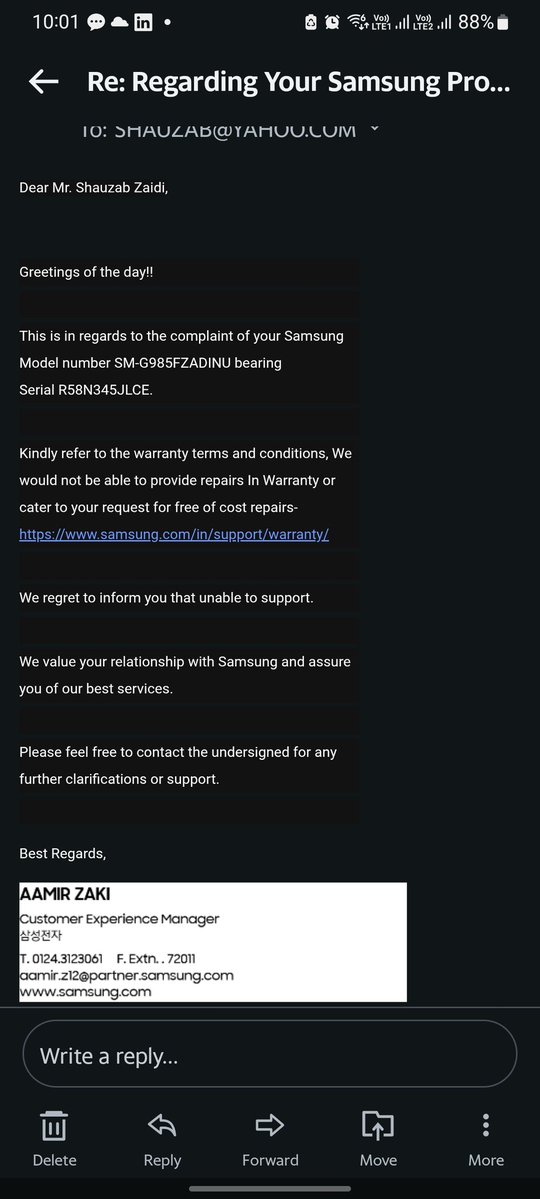 Shauzab_Zaidi's tweet image. You cannot fool customers with auto responses. Your mail in image below will give you my details, my phone details and your customer service contact. So please stop behaving like a dud. No doubt the product quality is such!!
#greenline #samsunggalaxy #displayissue #linesondisplay