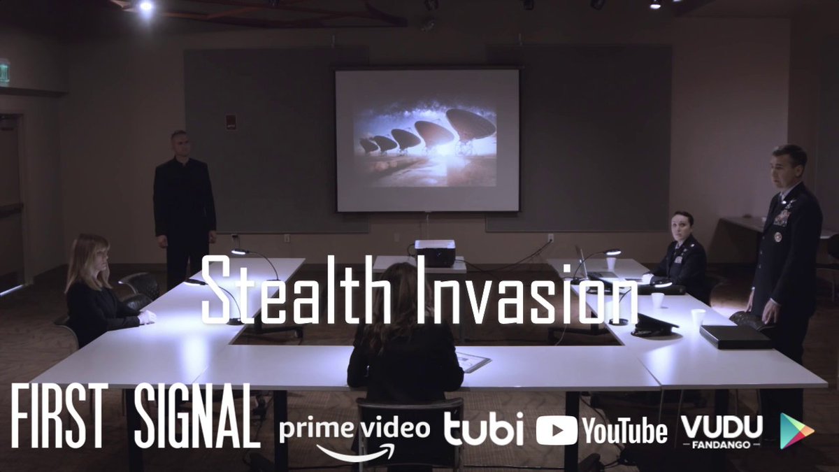 MarkAshtonLund's tweet photo. General Reager tells President Colton that the aliens haven't tried to make contact and might have already secretly invaded Earth using their stealth technology. "An impressive accomplishment."- Film Threat #FirstSignalMovie #SciFi Watch on @Tubi https://t.co/LZ99cvrZqB https://t.co/sTcpfWhTVy