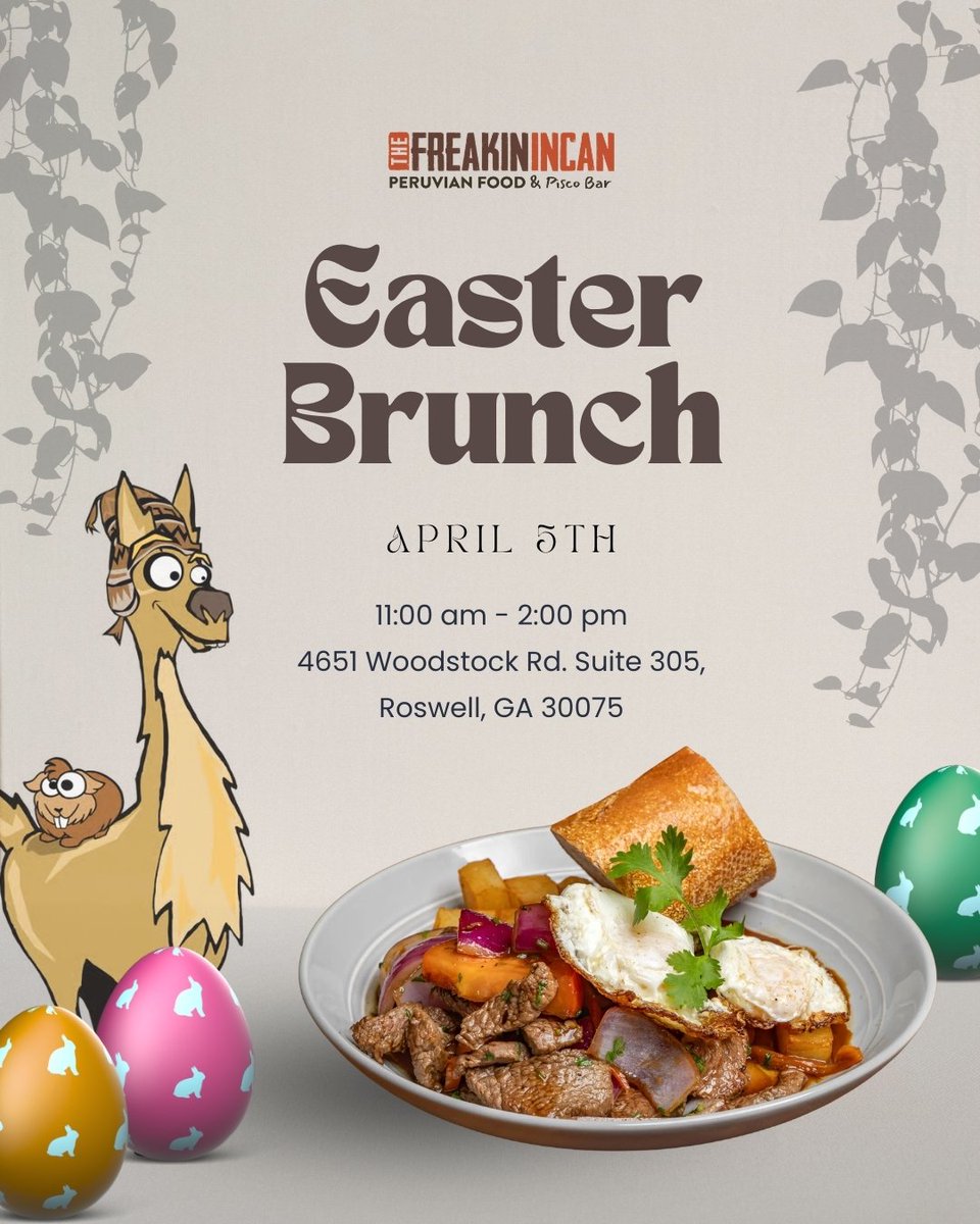 Wishing you a joyful Easter! Come celebrate at The Freakin Incan and share Peruvian meals made with love. 🇵🇪 Join us for brunch between 11 AM to 2 PM. Save your seat - book online!

#TheFreakinIncan #HolidayFeast #RoswellGA thefreakinincan.com/reservations