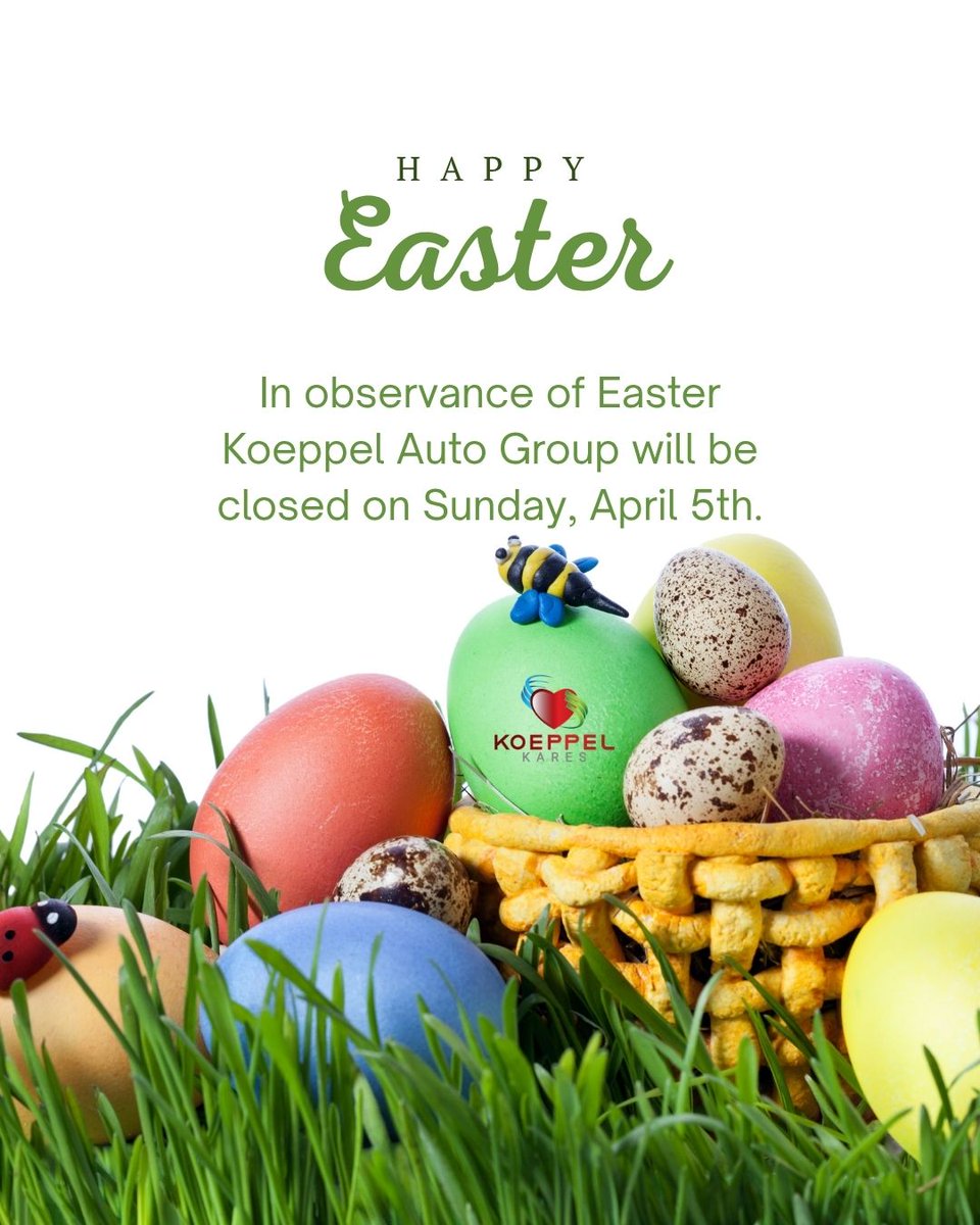 AutoKoeppel's tweet photo. Wishing everyone a joyful Easter! 🐣🌷 
Koeppel Auto Group will be closed on Sunday, April 5th so our team can celebrate with loved ones. Happy Easter!

#HappyEaster #SpringCelebration #FamilyTime #EasterEggs https://t.co/Dn5YkRHZjx