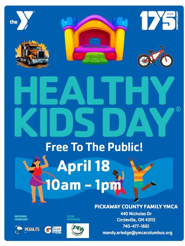 PC_PublicHealth's tweet image. 🎈 Healthy Kids Day is April 18!
⏰ 10 AM – 1 PM
📍 Pickaway County Family YMCA

FREE fun for the whole family—games, activities, bounce houses &amp;amp; more! 💚

Let’s get kids moving this spring 🌱
#HealthyKidsDay #PickawayCounty #PCPH