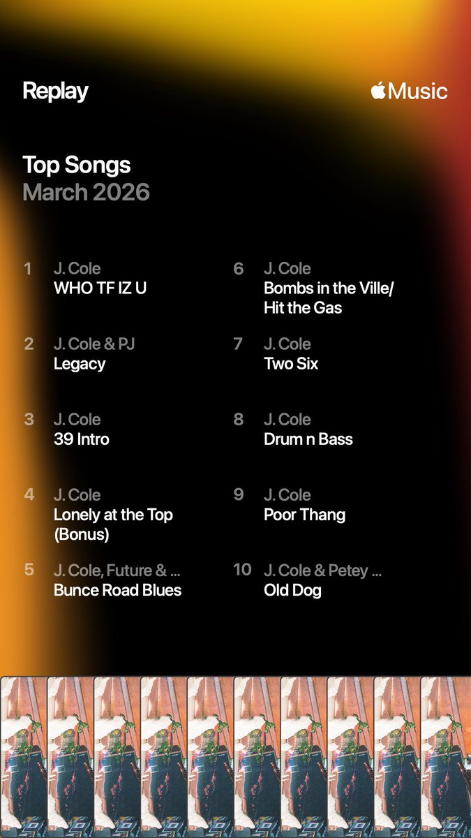 CalebFromX's tweet image. Apple Music most played in March 2026: 

1. Who TF IZ U
2. Legacy 
3. 39 Intro 
4. Lonely at the Top 
5. Bunce Road Blues 

The community couldn’t care less😭