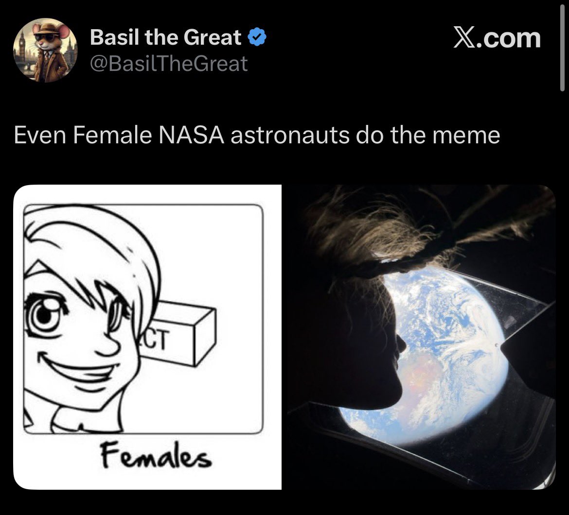 This photo is objectively amazing and historic- a human being looking backwards toward their home planet as they venture into space. This concept was once beyond our wildest imagination. 
But y’all just want to hate women.