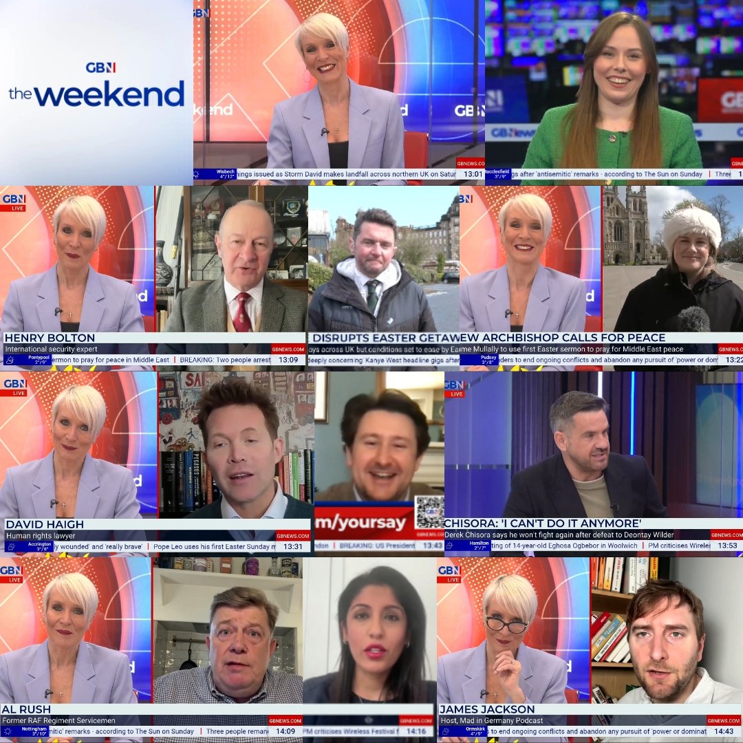 MMyrick29's tweet photo. Happy Easter from @GBNEWS! Join @DawnNeesom &amp; @bjelsey_ for The Weekend. Guests: @_HenryBolton, @tmcgvideo, @annarileynews. @DavidHaugh, @BenedictSpence, @AidanMageeTV, @exRAF_Al, @aak1880 &amp; from @madingermanypod, @derJamesJackson. @GARVEY66 @GBNUpdates #GBNews https://t.co/I7zUtKwkbJ