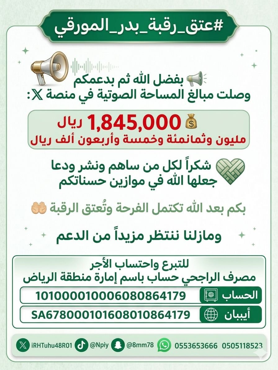 #عتق_رقبة_بدر_المورقي
وبفضل الله  سبحانه وتعالى ثم جهود اهل الخير بلغ مجموع ماتم جمعه في منصة x
مليون وثمانمائة وخمسة واربعون الفا

1845000