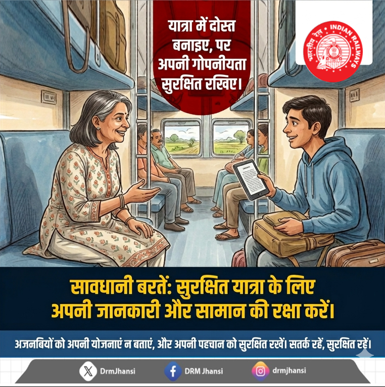 DrmJhansi's tweet photo. 🚆 यात्रा के दौरान अनजान लोगों से बातचीत में सावधानी बरतें।
अपनी निजी जानकारी और सामान को सुरक्षित रखें—सतर्क रहें, सुरक्षित रहें।

#PassengerSafety #IndianRailways #SafeJourney #BeAlert #TravelAwareness #RailwayTips https://t.co/551RnMiwDm