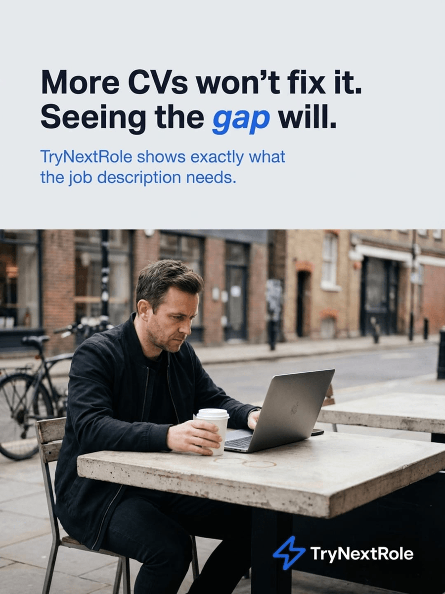 Sending more CVs won't ease the stress. Seeing exactly what the job needs will.

TryNextRole breaks down job descriptions into clear checklists so you can tailor your CV with confidence, not guesswork.

Clarity beats volume every time.