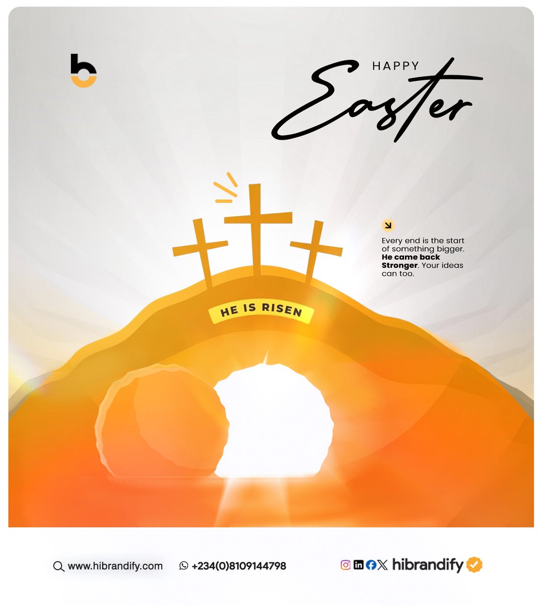 hibrandify's tweet photo. He came back stronger. Your brand can too. 💛✝️
Happy Easter from Hibrandify. Wishing you a season full of renewal, growth, and bold ideas.
#HappyEaster #HeIsRisen #Hibrandify https://t.co/GCyRIRX8aO
