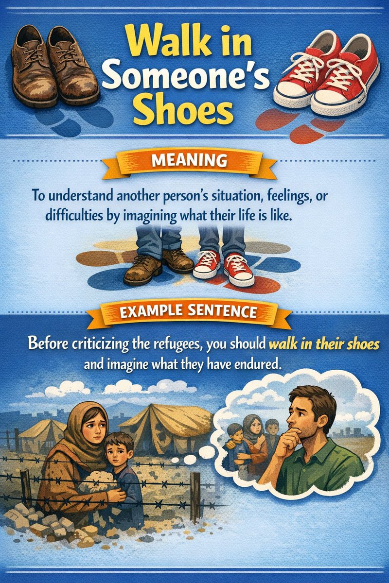 Herminio_EOI's tweet image. ✔️Walk in someone’s shoes

》To try to understand another person’s situation, feelings, or difficulties by imagining what their life is like.

▪︎ If you could walk in the manager's shoes, you would understand why he made that decision.

#TEFL #Learning #English #idioms