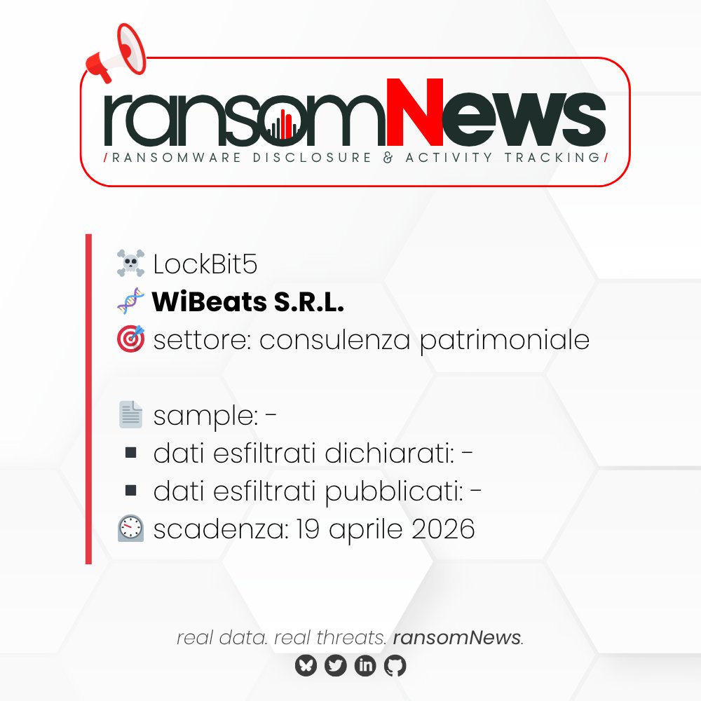 ransomnews's tweet photo. 🚨 nuova rivendicazione #ransomware Italia 🚨 

🏴‍☠️ gruppo #LockBit5
🧬 WiBeats S.R.L. | Torino
🎯 settore: consulenza patrimoniale
🔗 https://t.co/WPScCouEs8
🗓️ 05 aprile 2026

📄 sample: -
▪️ dati esfiltrati dichiarati: -
▪️ dati esfiltrati pubblicati: -
⏲️ scadenza: 19 aprile 2026

#ransomNews #cyberthreats #cybersecurity