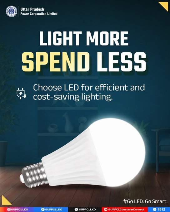 PuVVNLHQ's tweet image. Upgrade to LED lighting and enjoy brighter spaces with reduced electricity usage. A simple switch that makes a big difference.   #UPPCL #PuVVNL #EnergyEfficiency #SmartLiving
@aksharmaBharat @EMofficeUP
@ChairmanUppcl @CMOfficeUP
@ChiefSecyUP @UPPCLLKO
@DTPuvvnl