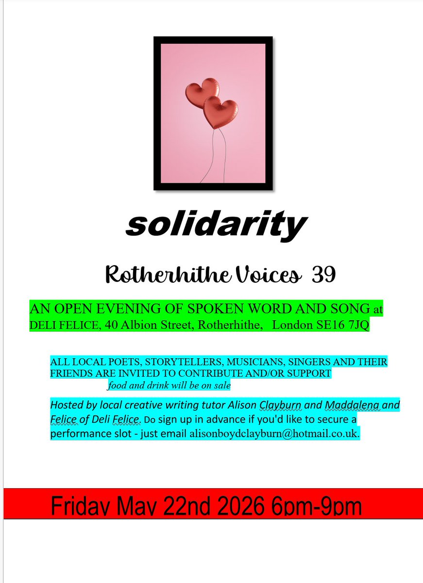 AlisonClayburn's tweet photo. More mutual support and appreciation coming up @CafeDeliFelice in May! #spokenword #story #song All and any performers welcome. @CanadaWater1 @IRotherhithe @OldFriendsSPark @SE16_Happiness @WorgInfo @AlbionSalter @AnnSe16 @WISE16 https://t.co/XhTNwVvwRU