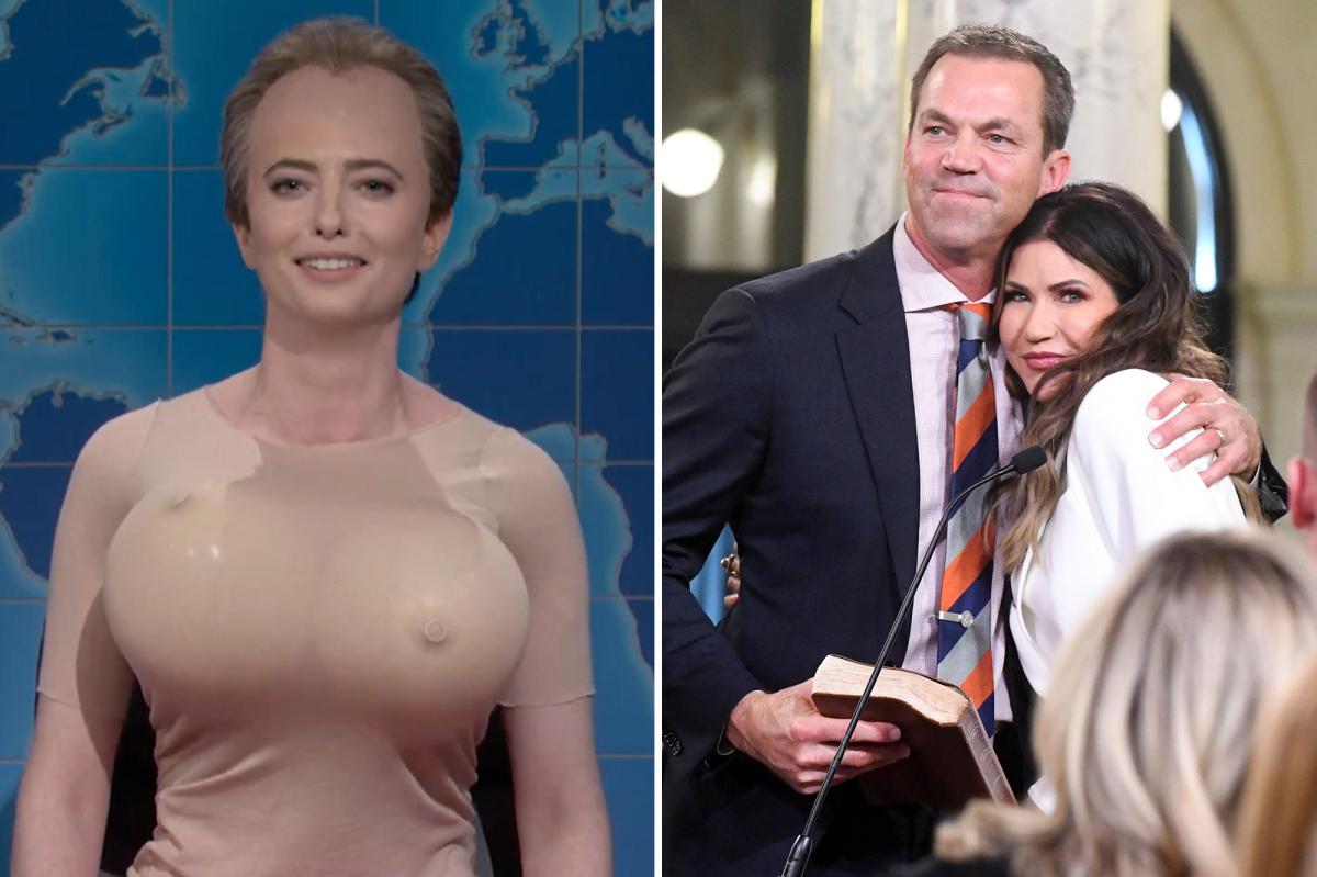SNL' pumps up Kristi Noem husband cross-dressing scandal - complete with big wonky balloon breasts https://t.co/To7G06beaG