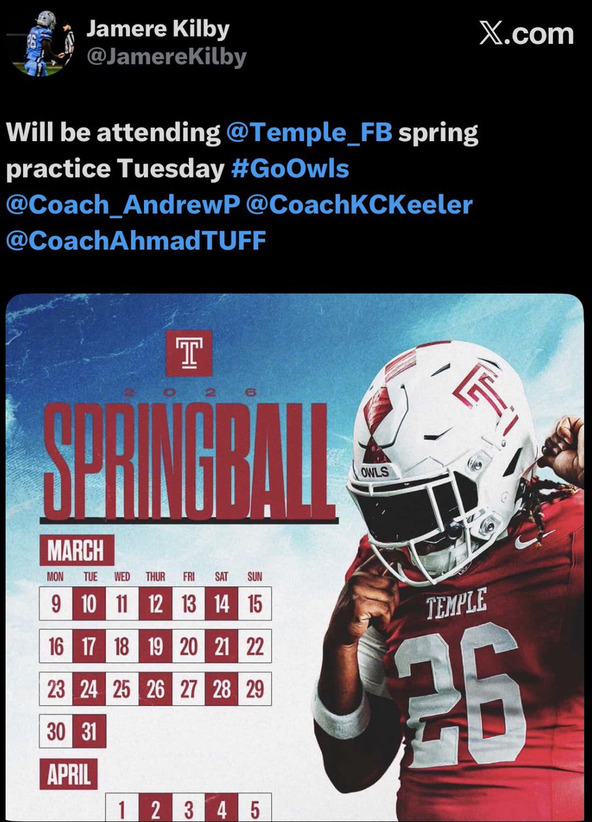 Will be attending <a href="/Temple_FB/">Temple Football</a> spring practice #GoOwls <a href="/CoachAhmadTUFF/">Khalil Ahmad</a> <a href="/Coach_AndrewP/">Andrew Pierce</a> <a href="/CoachKCKeeler/">KC Keeler</a>