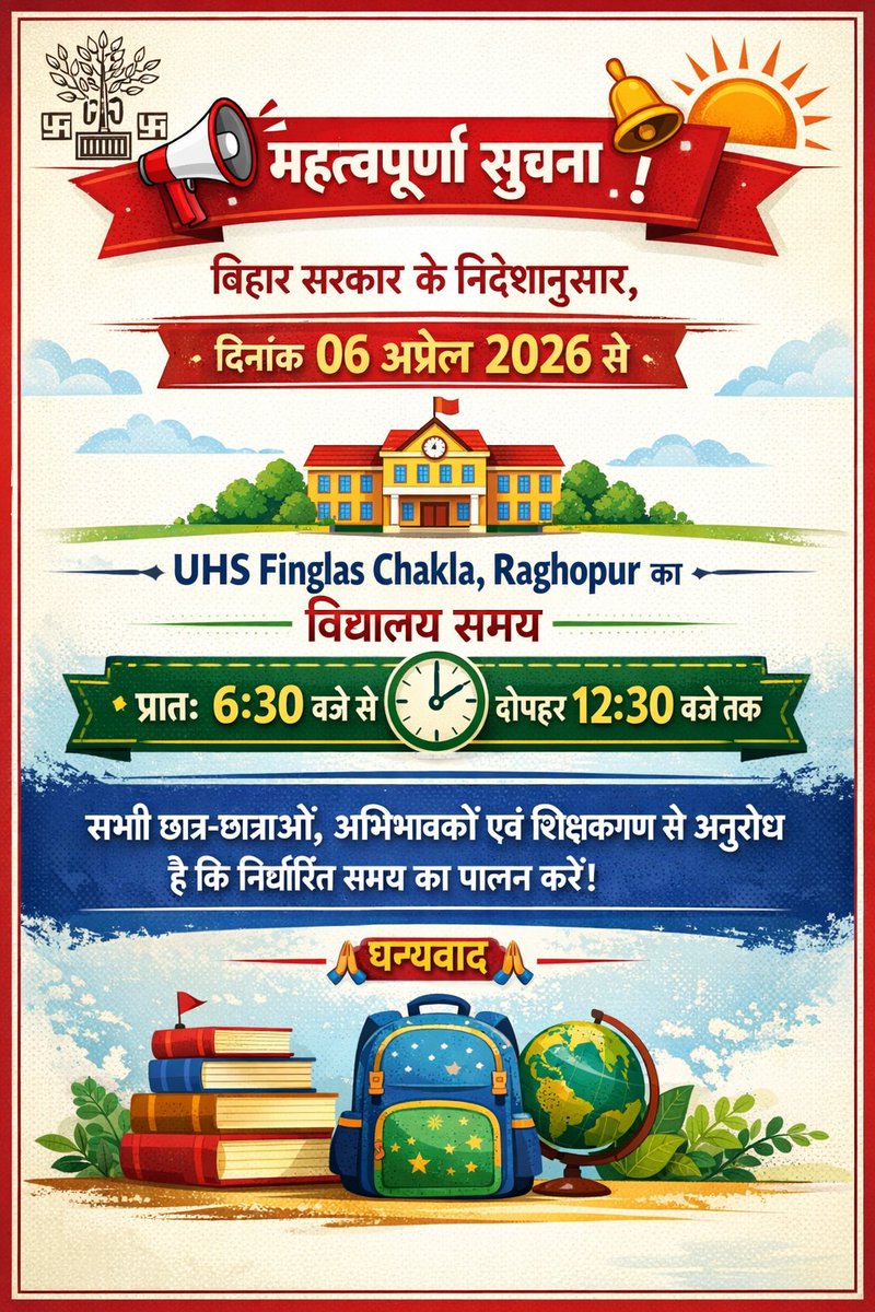 sintu94's tweet image. 📢 महत्वपूर्ण सूचना 📢
बिहार सरकार के निर्देशानुसार,
दिनांक 06/04/2026 से
🏫 UHS Finglas Chakla, Raghopur
#BiharEducationDepartment #EducationForAll #computerteacher #computerscience #BiharEducationDept #students #GovtSchool #RTE #bpscteacher #deosupaul