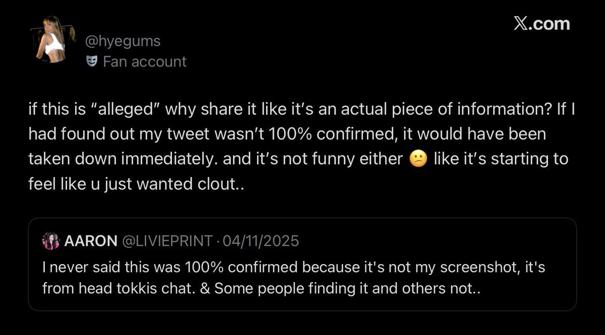 hyegums's tweet photo. I would have trusted this but it’s the same account that previously lied about how a nwjns song was licensed.  and how It was produced by bang pd but then when they were informed abt it they backtracked. this is clearly just engagement baiting so please don’t fall for it 🫩 https://t.co/l63yoEsvzp