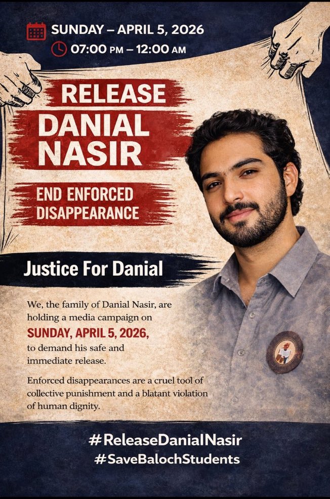The campaign has started! ‼️
We urge everyone to participate in the ongoing campaign for Danial’s safe and immediate recovery.
Your Support Matters.
#ReleaseDanialNasir
#SaveBalochStudents