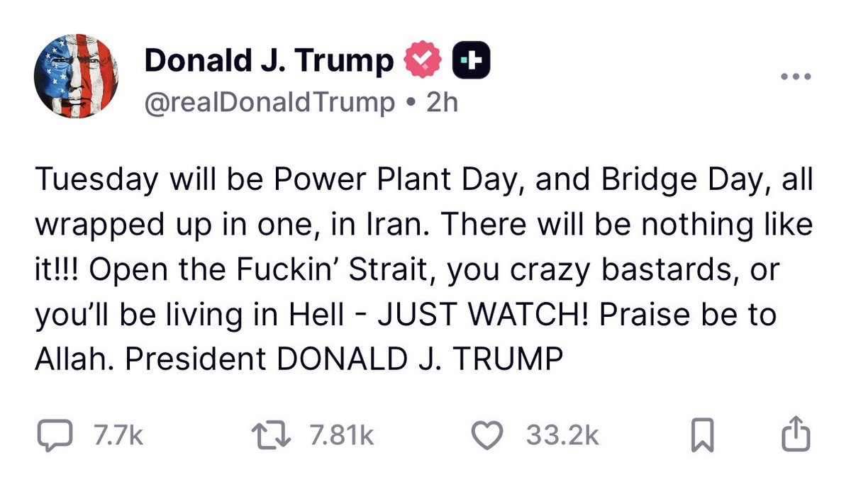 President Trump threatens strikes on Iranian infrastructure Tues if they don't open the Strait of Hormuz with an expletive filled Truth Social post