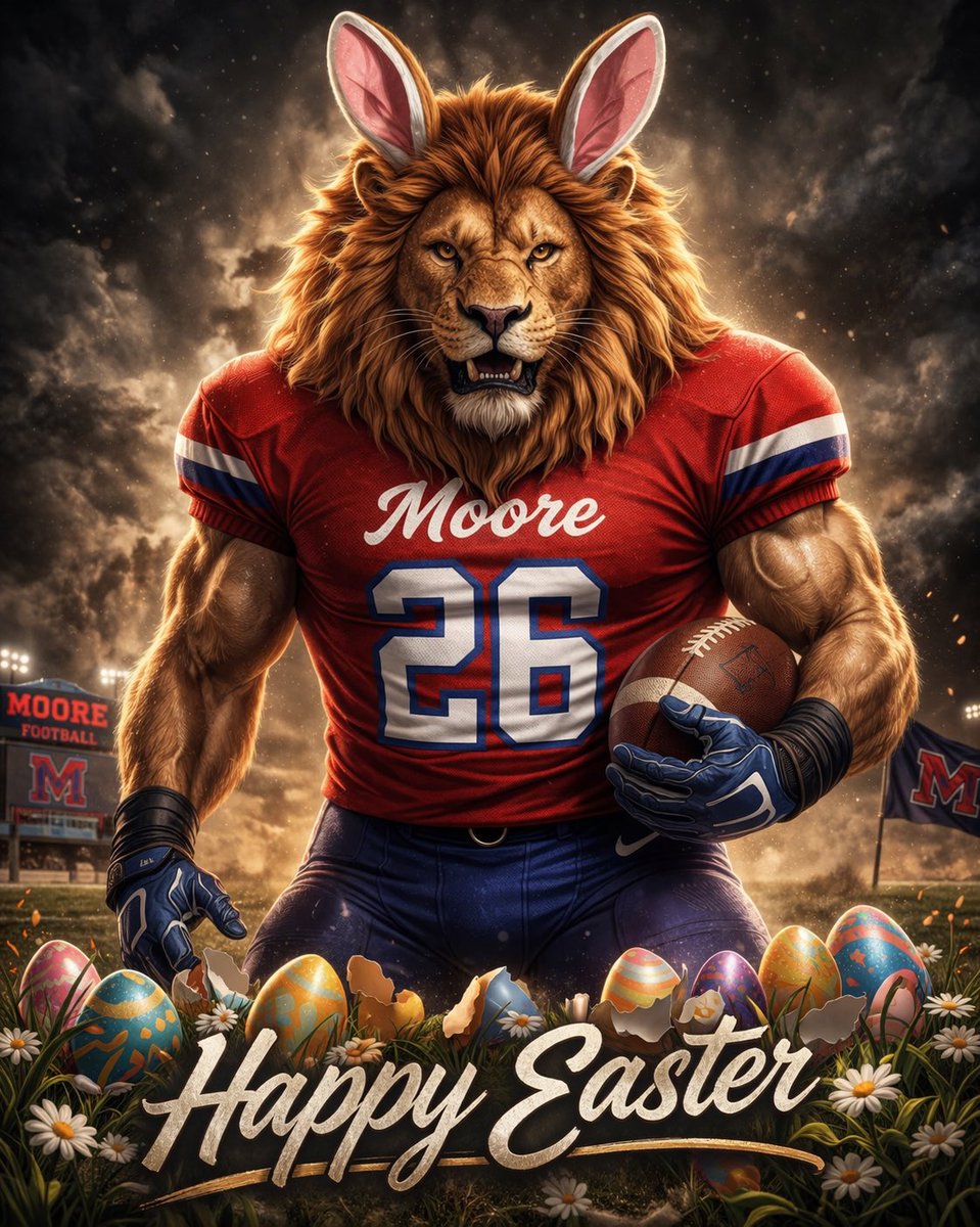 moorelion_fb's tweet photo. Happy Easter from the Moore lions Football team. https://t.co/Bq8WyqZ5Qc