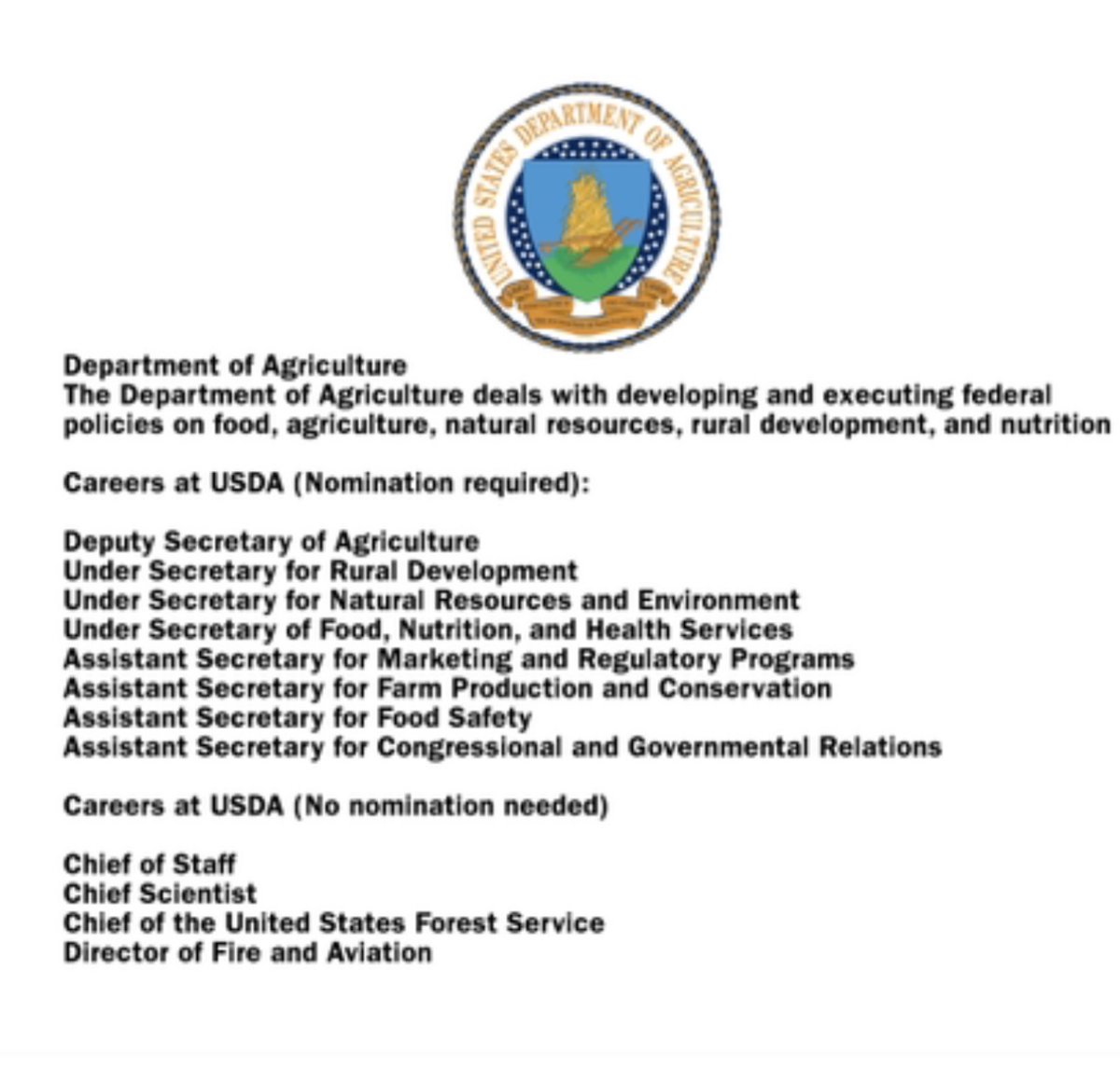 The USDA is hiring! Apply today and you can serve our nations agricultural needs, its rural communities, and need of every American. DM or fill out the department interest form if you are interested.