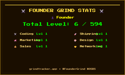 Shipped Founder Grind For Anything hackathon 

Built an OSRS Grind Tracker for founders using just my phone over iMessage 🗡️

No laptop. No Cursor. Just vibes.

Log your tasks → earn XP → level up your skills → flex your stats on X

99 Shipping or bust 👑