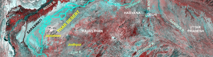 False-color satellite map showing the Saraswati, Indus and other river channels across Rajasthan and Haryana, with cities Jaisalmer and Jodhpur labeled.
