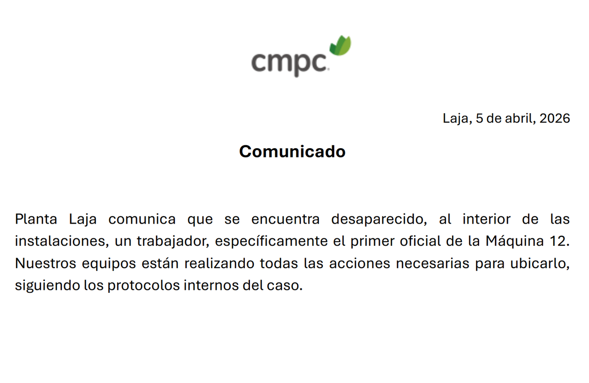 lajino's tweet photo. [LAJA]
COMUNICADO 
CMPC PLANTA LAJA 

Planta Laja comunica que se encuentra desaparecido, al interior de las instalaciones, un trabajador, específicamente el primer oficial de la Máquina 12. Nuestros equipos están realizando todas las acciones, siguiendo los protocolos internos. https://t.co/EQFfZMY05F