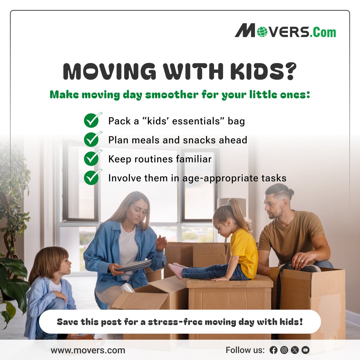 MoversCom's tweet image. Moving with kids? It doesn’t have to be stressful. 📦👨‍👩‍👧‍👦

📌 Save this post so you’re prepared when moving day comes

#MovingWithKids #MovingTips #FamilyMoving #MoveSmart #RelocationTips #HomeMoving #MovingDay #StressFreeMoving #ParentingTips #MovingPlanning