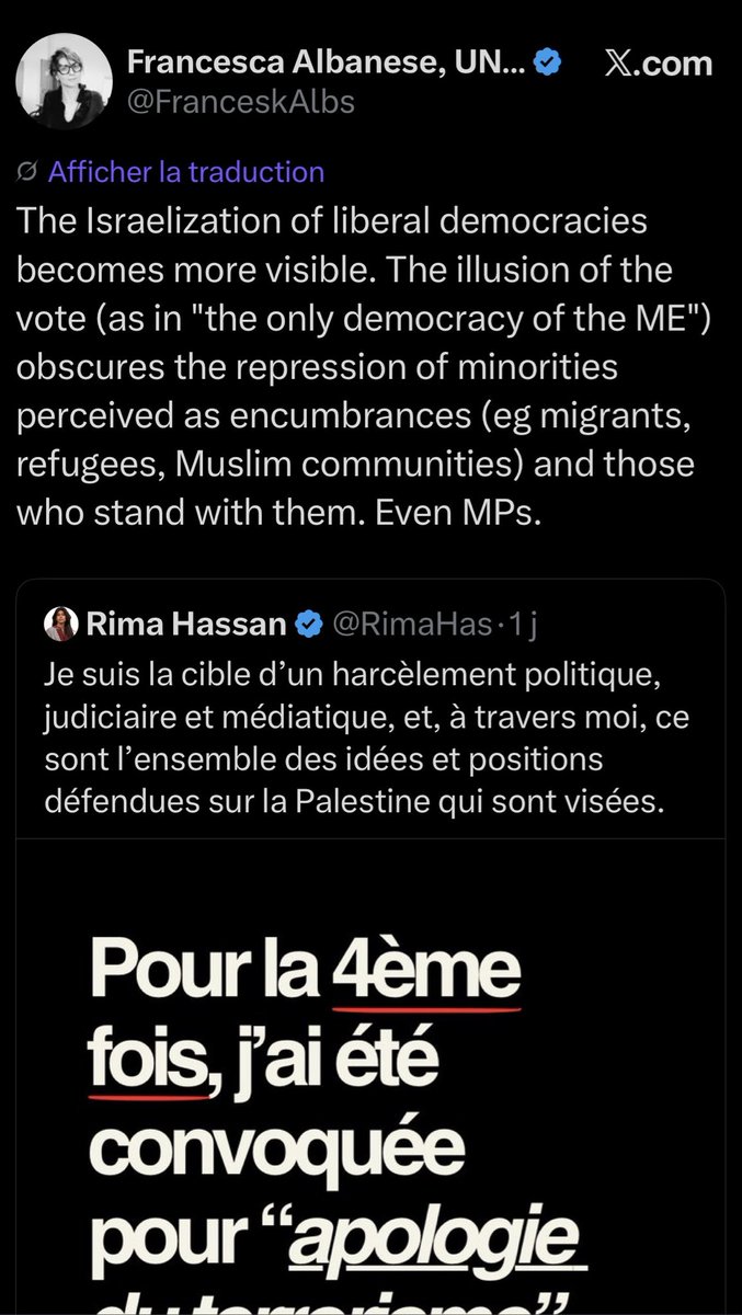 Beccah2Fois's tweet photo. Pour ceux qui ne connaissent (pas encore) la rapporteuse spéciale de @ONU_fr sur les "territoires palestiniens", @FranceskAlbs la voilà qui vole au secours de l’égérie du parti passionnément antisémite.

La voici dans ses (basses) œuvres  : 

•  Screen 1 : Elle dénonce dans son tweet qui défends la passionaria Syrienne "l’israelisation des démocraties" Comprenez : "le lobby Juif" qui selon elle "pervertirait l’Occident"…..

•  Screen 2 : Elle retweete sans trembler un texte affirmant "qu’Israël est l’incarnation du mal — un État "artificiel, dystopique, messianique, fanatique et criminel, pire que les ayatollahs eux-mêmes qui comparés aux sionistes, en deviendraient presque Médecins sans Frontières."

•  Screen 3 : Dans un message à un homme d’Église (Don Antonio), elle écrit noir sur blanc que l’Amérique est "soumise au lobby Juif"et que l’Europe reste paralysée par la "culpabilité liée à l’Holocauste". 

•  Dans la vidéo : Malgré les dizaines de témoignages, de preuves médico-légales et rapports de @ONU_fr elle continue à remettre en cause ou de minimiser les viols de masse et violences sexuelles systématiques 
commis par le Hamas le 7 octobre.

La convergence des luttes entre ces 2 harpies est alimentée avec le même carburant la haine des Juifs et d’Israël ….

Quand l’antisémitisme se pare des oripeaux du droit international et du militantisme "progressiste" le masque tombe très vite pour faire place à la même vieille haine, recyclée…….
