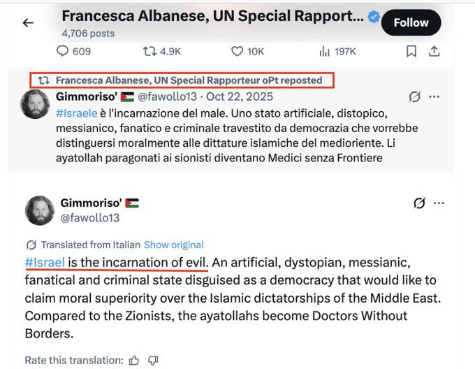 Beccah2Fois's tweet photo. Pour ceux qui ne connaissent (pas encore) la rapporteuse spéciale de @ONU_fr sur les "territoires palestiniens", @FranceskAlbs la voilà qui vole au secours de l’égérie du parti passionnément antisémite.

La voici dans ses (basses) œuvres  : 

•  Screen 1 : Elle dénonce dans son tweet qui défends la passionaria Syrienne "l’israelisation des démocraties" Comprenez : "le lobby Juif" qui selon elle "pervertirait l’Occident"…..

•  Screen 2 : Elle retweete sans trembler un texte affirmant "qu’Israël est l’incarnation du mal — un État "artificiel, dystopique, messianique, fanatique et criminel, pire que les ayatollahs eux-mêmes qui comparés aux sionistes, en deviendraient presque Médecins sans Frontières."

•  Screen 3 : Dans un message à un homme d’Église (Don Antonio), elle écrit noir sur blanc que l’Amérique est "soumise au lobby Juif"et que l’Europe reste paralysée par la "culpabilité liée à l’Holocauste". 

•  Dans la vidéo : Malgré les dizaines de témoignages, de preuves médico-légales et rapports de @ONU_fr elle continue à remettre en cause ou de minimiser les viols de masse et violences sexuelles systématiques 
commis par le Hamas le 7 octobre.

La convergence des luttes entre ces 2 harpies est alimentée avec le même carburant la haine des Juifs et d’Israël ….

Quand l’antisémitisme se pare des oripeaux du droit international et du militantisme "progressiste" le masque tombe très vite pour faire place à la même vieille haine, recyclée…….