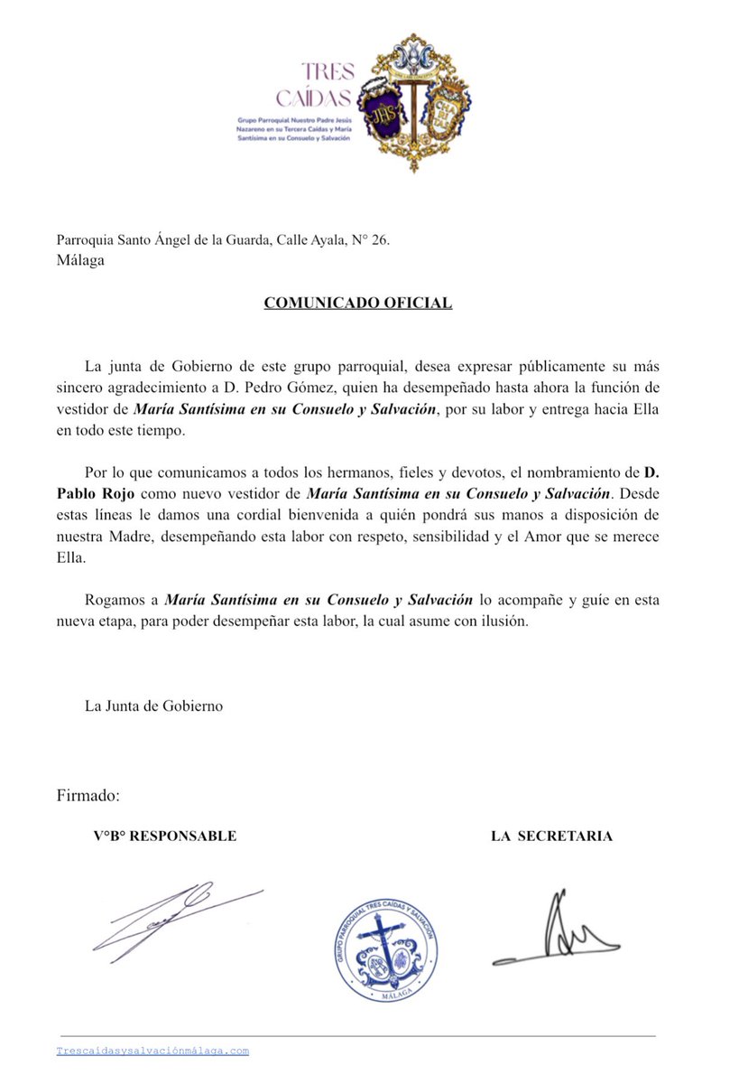 𝐂𝐎𝐌𝐔𝐍𝐈𝐂𝐀𝐃𝐎 𝐎𝐅𝐈𝐂𝐈𝐀𝐋 🔴| 

La Junta de gobierno anuncia la decisión del cambio de vestidor de 𝓜𝓪𝓻í𝓪 𝓢𝓪𝓷𝓽í𝓼𝓲𝓶𝓪 𝓮𝓷 𝓼𝓾 𝓒𝓸𝓷𝓼𝓾𝓮𝓵𝓸 𝔂 𝓢𝓪𝓵𝓿𝓪𝓬𝓲ó𝓷, nombrando a 𝗗. 𝗣𝗮𝗯𝗹𝗼 𝗥𝗼𝗷𝗼 como el designado para esta función