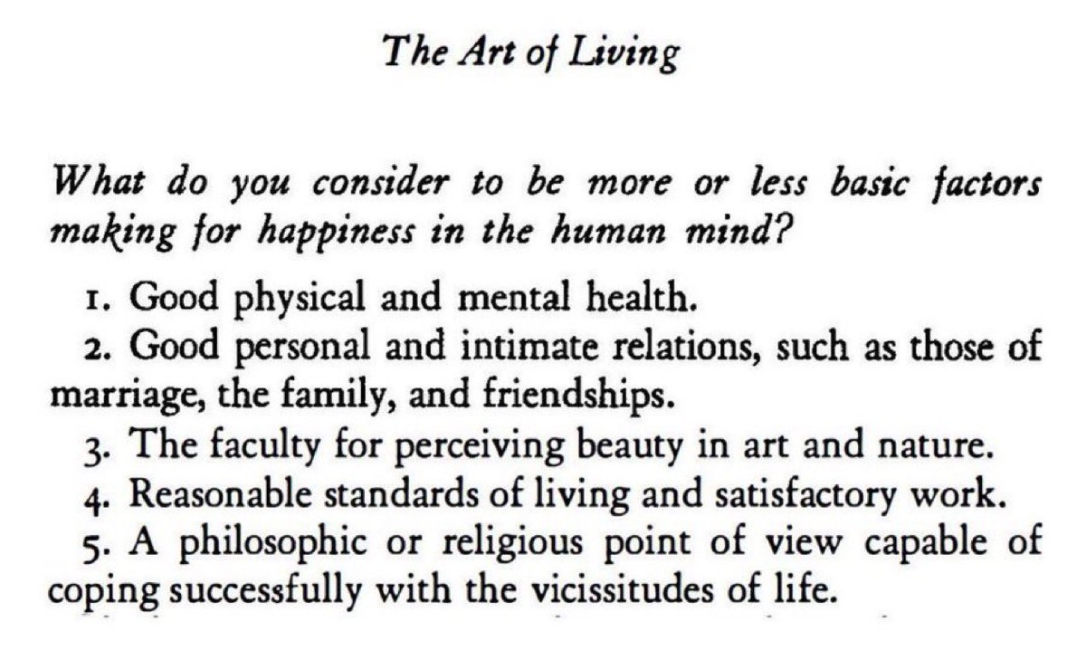 DejaRu22's tweet image. Carl Jung on
Basic factors making for happiness

#3 is essential to awakening, btw

I love people who carry with them a sense of wonder, and can enter into a state of awe by simply contemplating the existence of things.

Essentially, those who actively possess with them, that