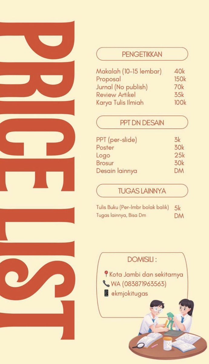 kmmrsel's tweet photo. *OPEN JOKI ‼️

💰 Harganya start Rp. 3.000anaja!
🗓️ Open di setiap jam
🥇 PPT/Pengetikkan/Tugas 
📞 https://t.co/EvBYrND0Wc

Tunggu apa lagi? Ayo gunakan jasa kami sekarang 🤓#Universitas #zonauang #jokitugaskuliah https://t.co/23aqBCUFbg
