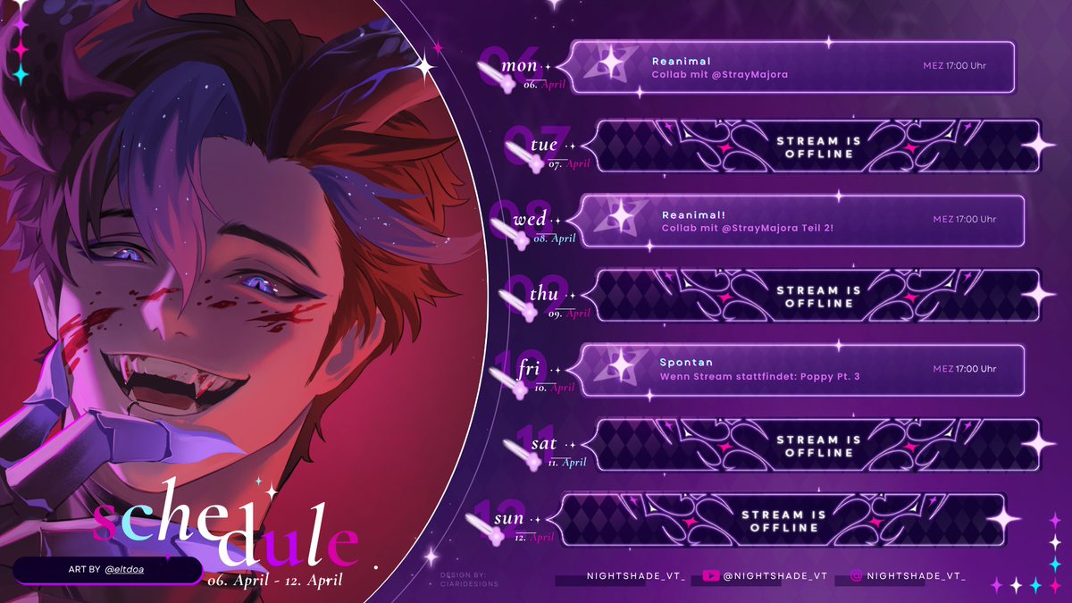 Nächste Woche starten wir direkt mit einer Collab mit <a href="/StrayMajora/">StrayMajora | GER Vtuber 💚🦊</a>  bei Reanimal 🥳  
Wenn ich am Freitag streamen sollte, machen wir bei Poppy Playtime Chapter 3 weiter 💜

#GERVtuber #streamplan