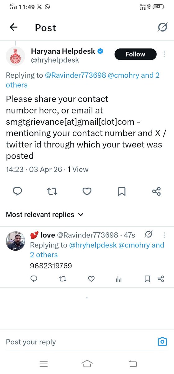 Ravinder773698's tweet photo. @hryhelpdesk @cmohry @narendramodi @NayabSainiBJP Sir Kuch reply nahi aaya https://t.co/Tb997onC98