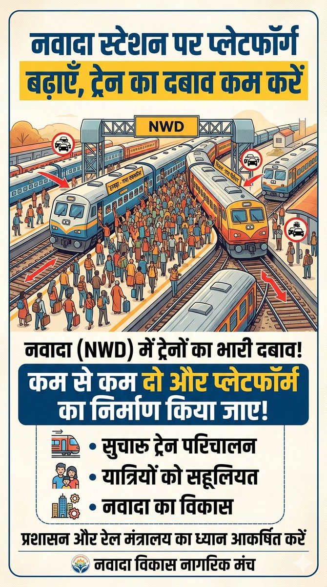 नवादा स्टेशन पर प्लेटफॉर्म संख्या को बढ़ाया जाए, ट्रेन का दबाव है नवादा में इसलिए NWD स्टेशन पर कम से कम दो और प्लेटफॉर्म का निर्माण किया जाना चाहिए।

<a href="/RailMinIndia/">Ministry of Railways</a> <a href="/_vivekthakur/">Vivek Thakur</a>