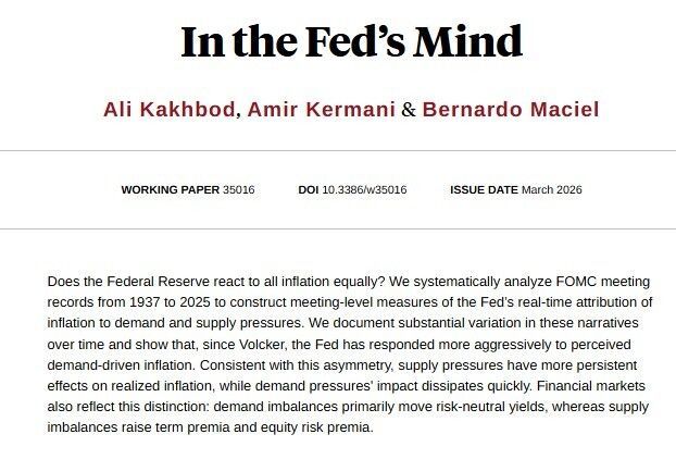 FOMC records show the Fed reacts more strongly to perceived demand-driven inflation, while perceived supply shocks have more loading on realized inflation and term and risk premia, from Ali Kakhbod, <a href="/amirrkermani/">Amir Kermani</a>, and Bernardo Maciel nber.org/papers/w35016
