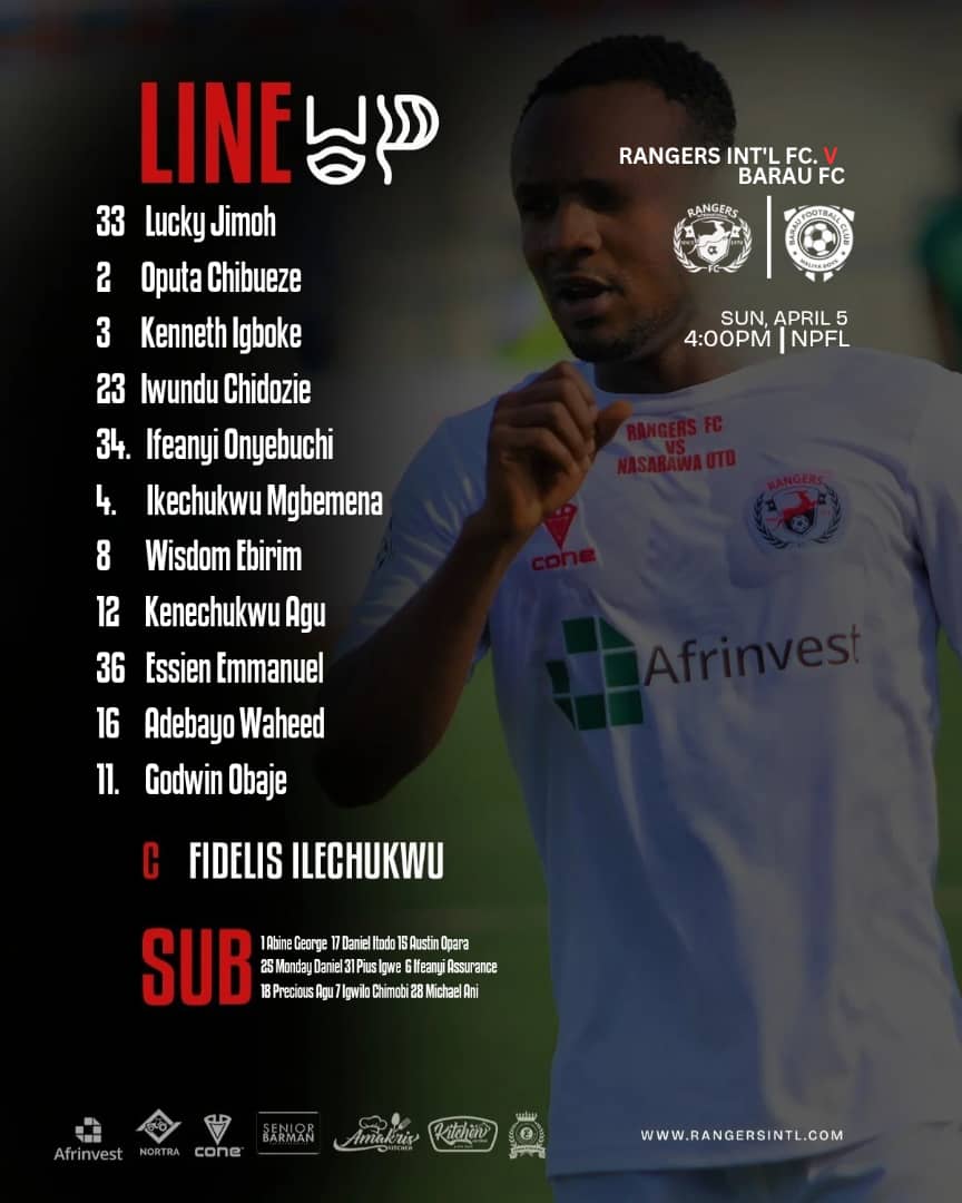 Rangers_Intl's tweet image. Line Up⚪️🔴

#RANBAR #NPFL26
#NeverSayDie