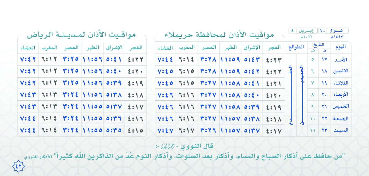 مواقيت الأذان لـ #محافظة_حريملاء ومدينة #الرياض  لعام ١٤٤٧ هجري الأسبوع 42